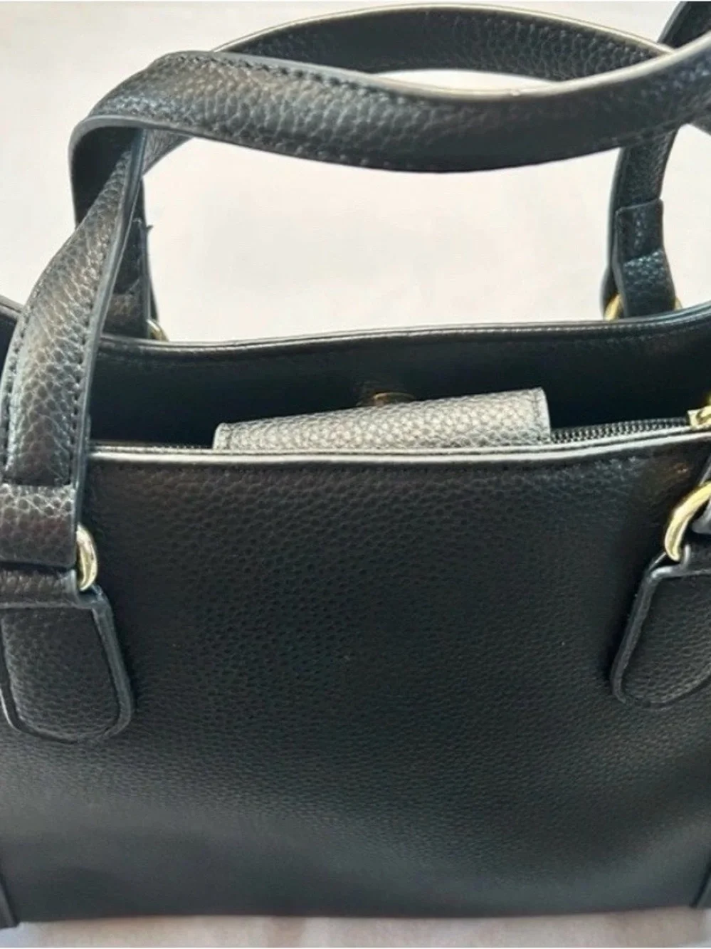 Nanette Lepore Black Vegan Leather Pebbled Satchel Bag with Floral Mirror Charm